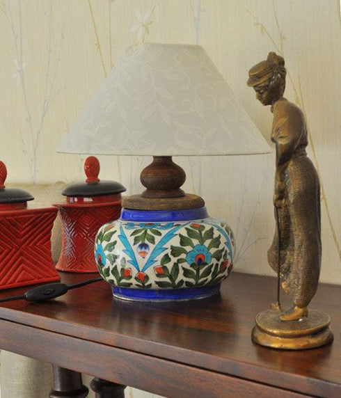 Turquoise Flowers and Lime Green Leaves with White Table Lamp01 (Without Lampshade)